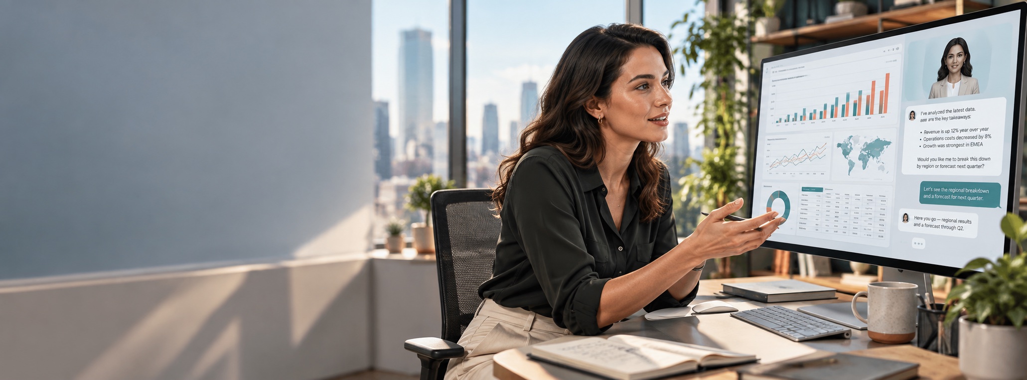 A business analyst discussing operational data with an AI agent on screen
